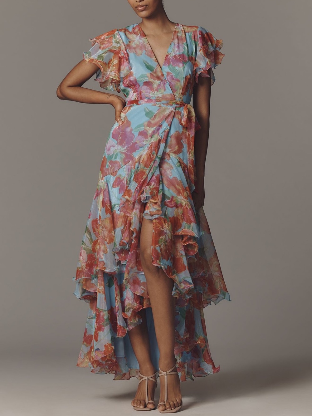 Hutch Samara Ruffle Midi Wrap Dress Pink Floral High Low Wedding Guest XXS NWT